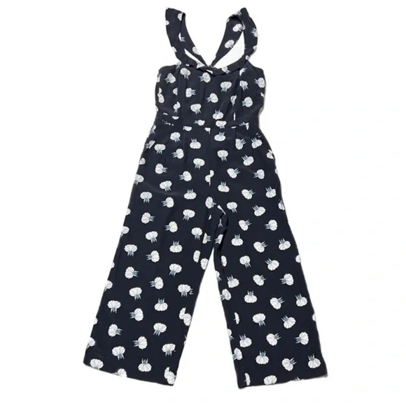 LOFT Lotus Floral Blue Jumpsuit Ruffle Sleeves Wide Leg Pockets Blogger Fav 4 - Picture 4 of 13